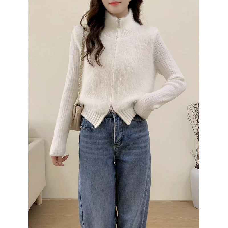 Autumn and Winter Stitching Zip Knitted Sweater