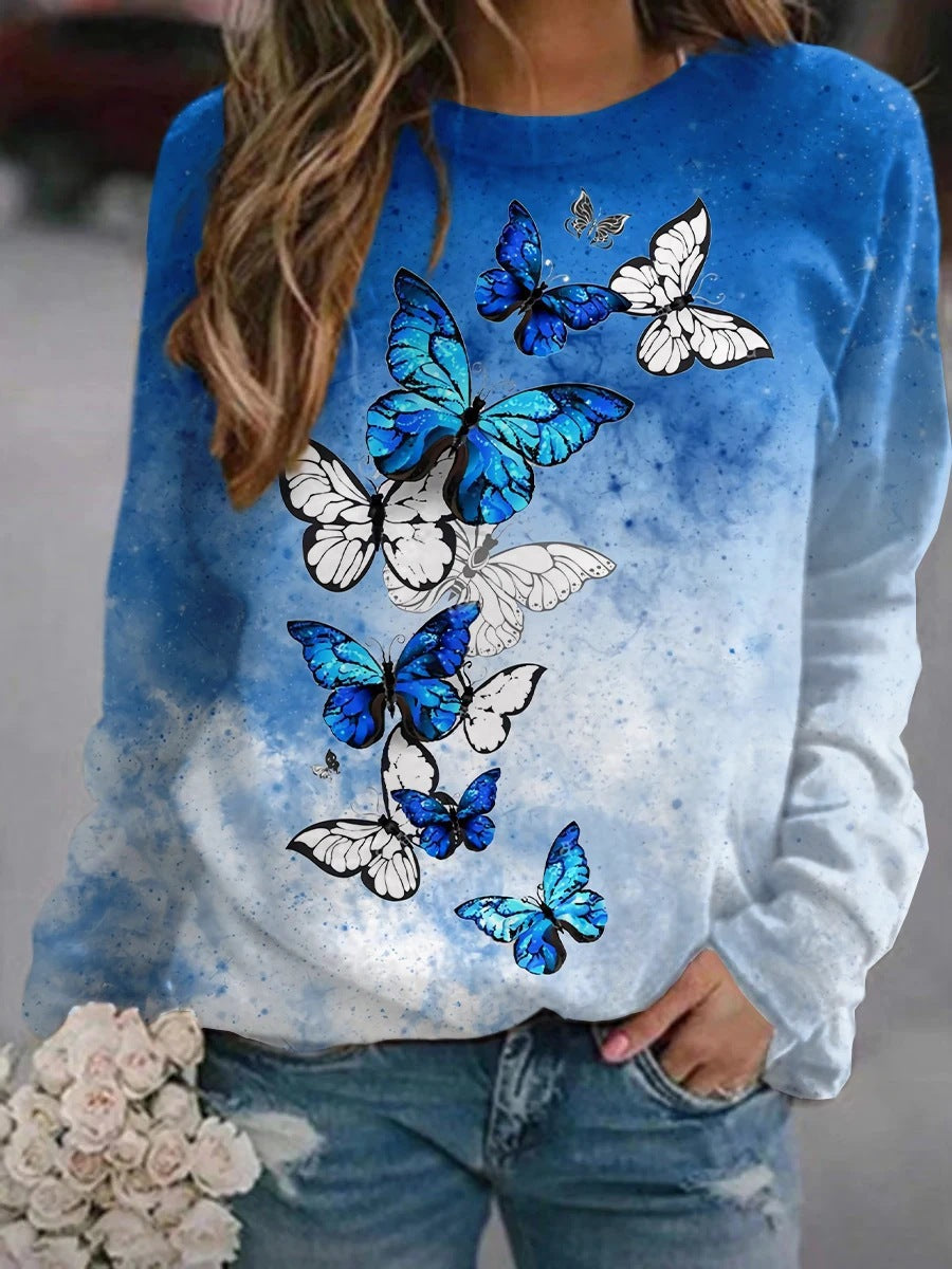 Floral Butterfly Print Loose Casual Pullover Sweatshirt