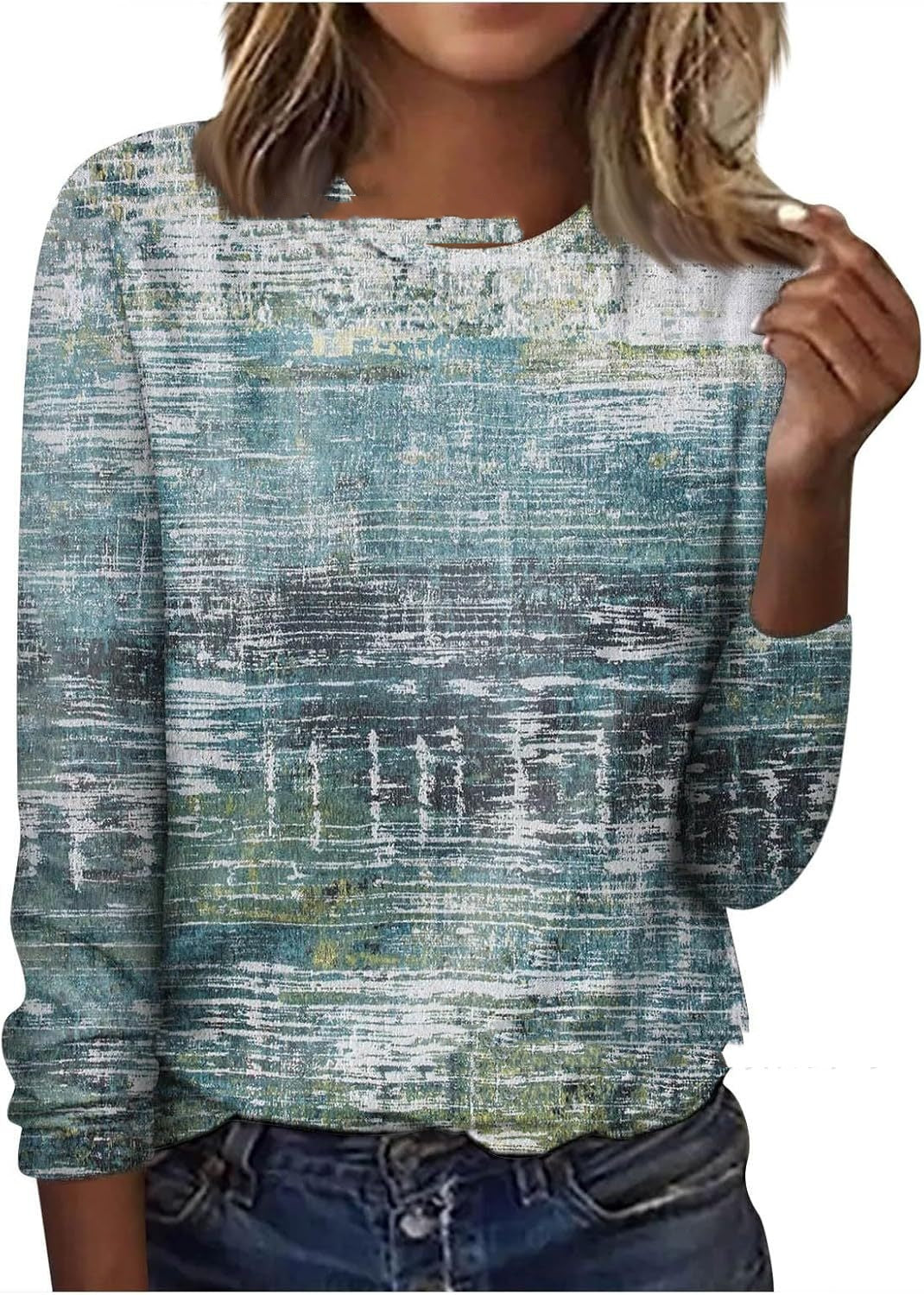 Floral Geometric Print Long Sleeve Round Neck Pullover