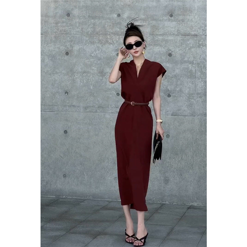 Wine-Red Silk Cotton A-Line Summer Dress with Belt
