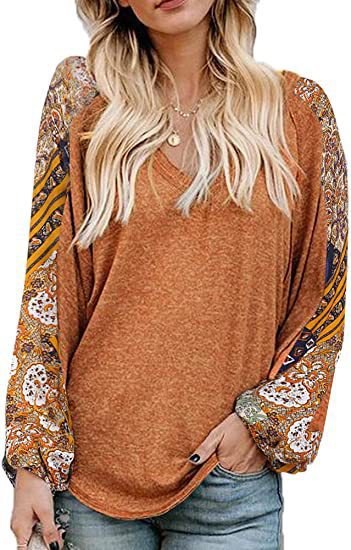 Women's New Loose V-neck Balloon Splicing T-shirt Women