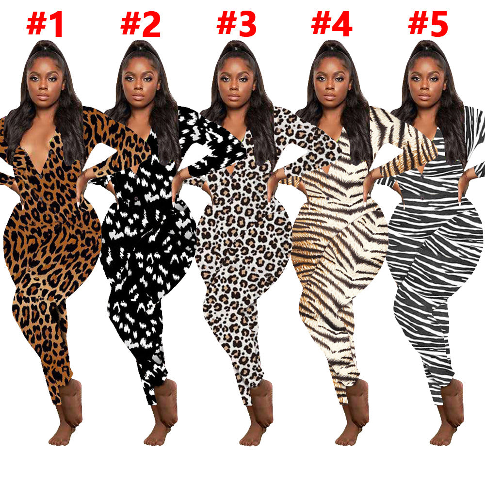 Chic Leopard Print Long Sleeve Home Jumpsuit