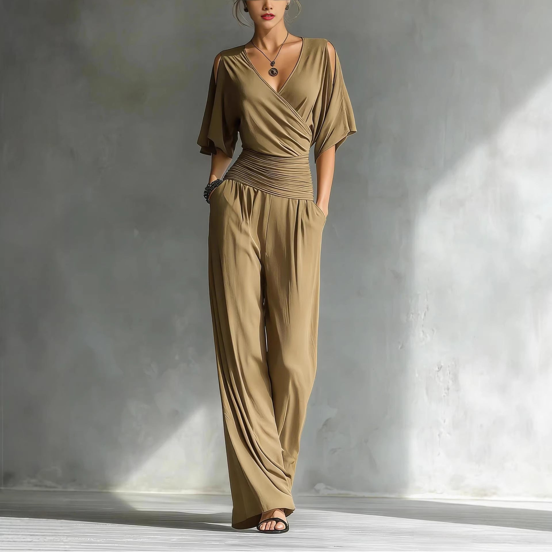 Stylish Elegant Off-Shoulder V-Neck Slim-Fit Jumpsuit For Women