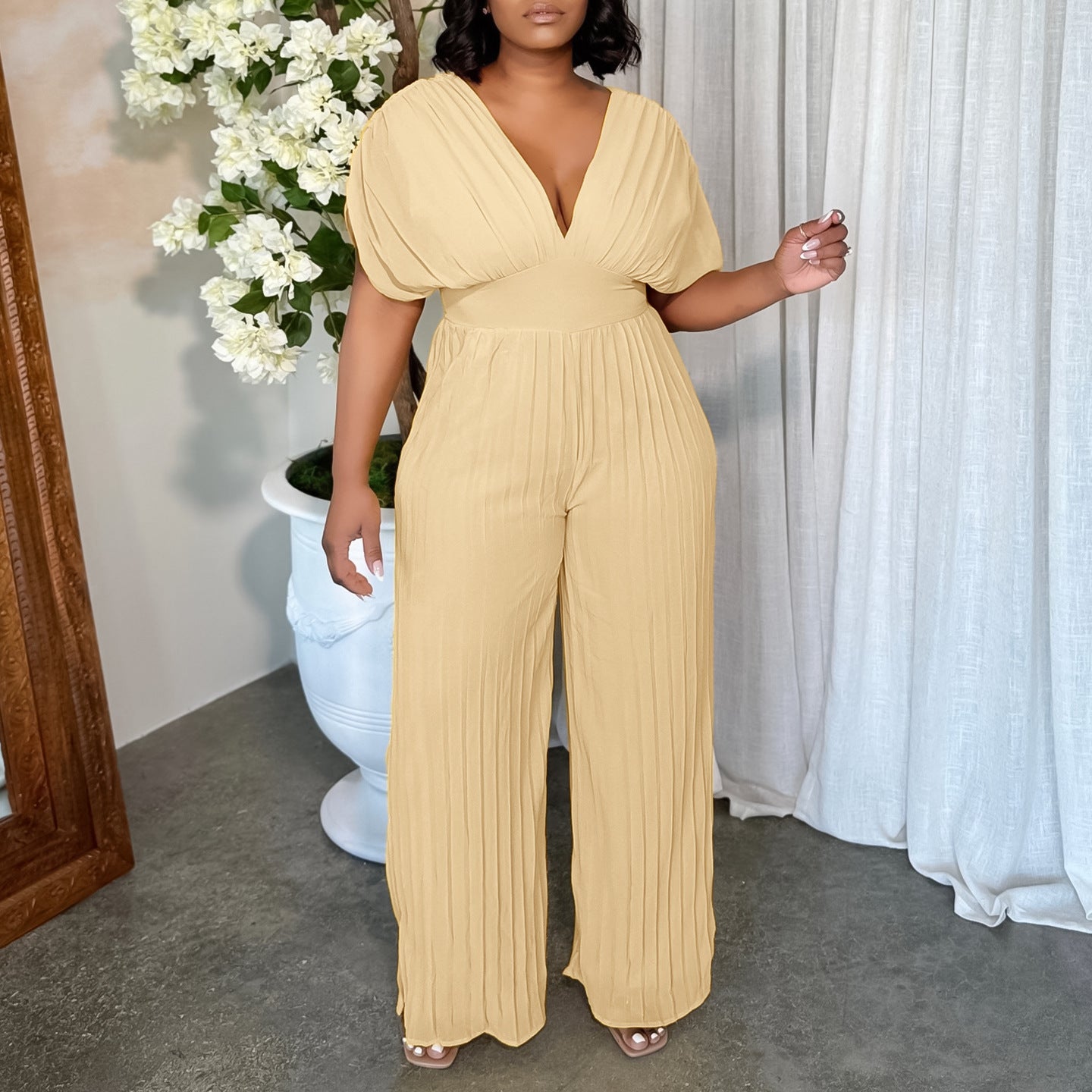 Elegant V-Neck Pleated Wide-Leg Jumpsuit