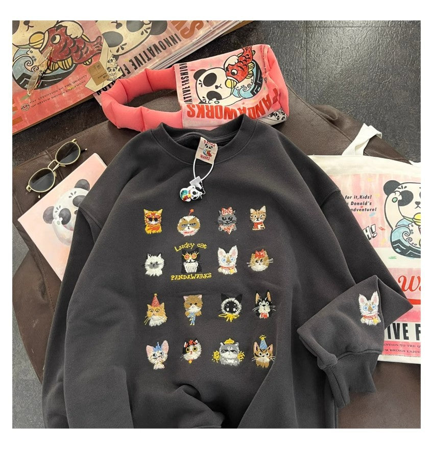 Cute Kitten Embroidered Loose Streetwear Sweater Coat