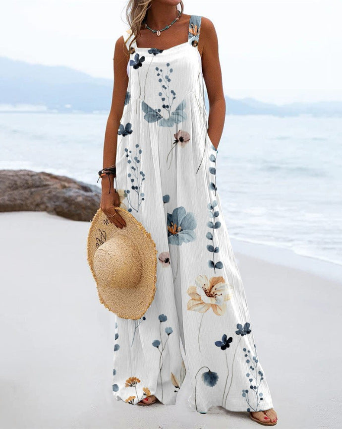 Chic Digital Print Button Romper with Wide Legs