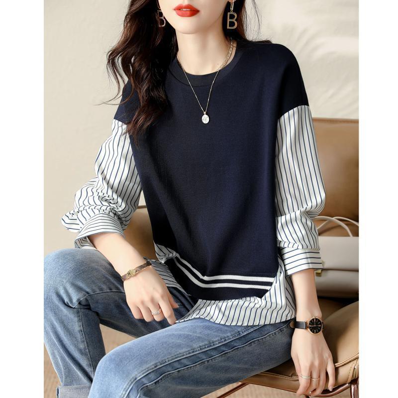 Graceful Striped False Two-Piece Women's Patchwork Sweater