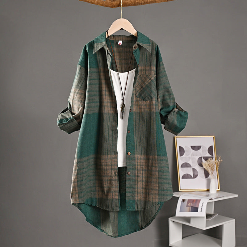 New Cotton-linen Top Retro Springfall Plaid Shirt