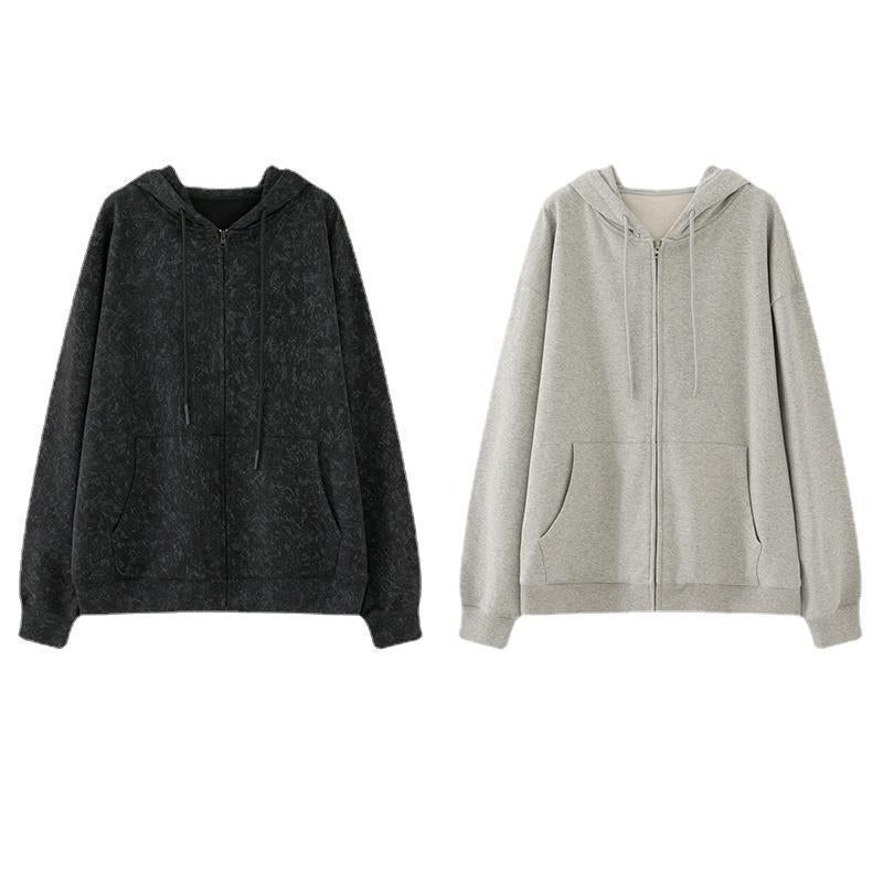Women's Grey Zip-Up Hooded Cardigan Loose Sweater
