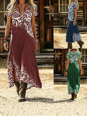 Summer Gradient Ethnic Print Dress Short Sleeve Loose Fit Draping F…