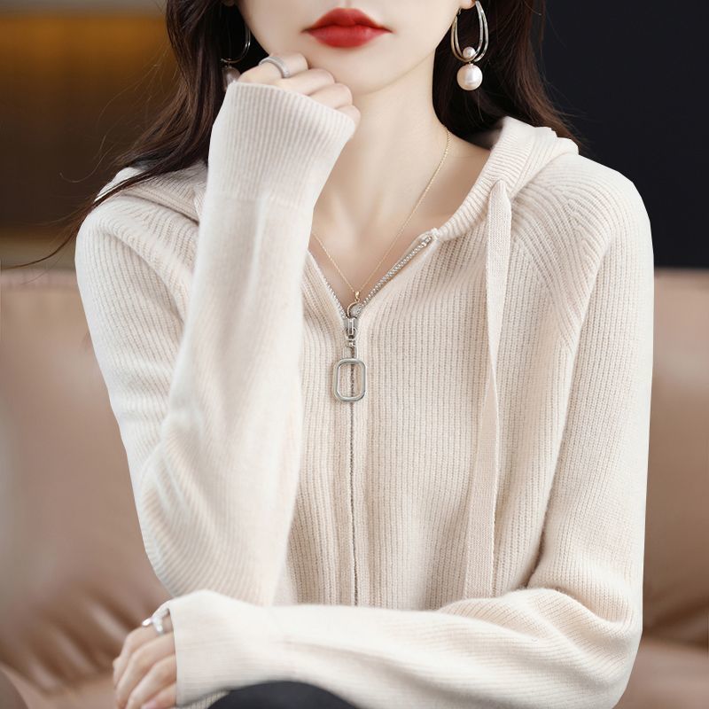 Womens Loose-fit Zip-up Hooded Outer Sweater