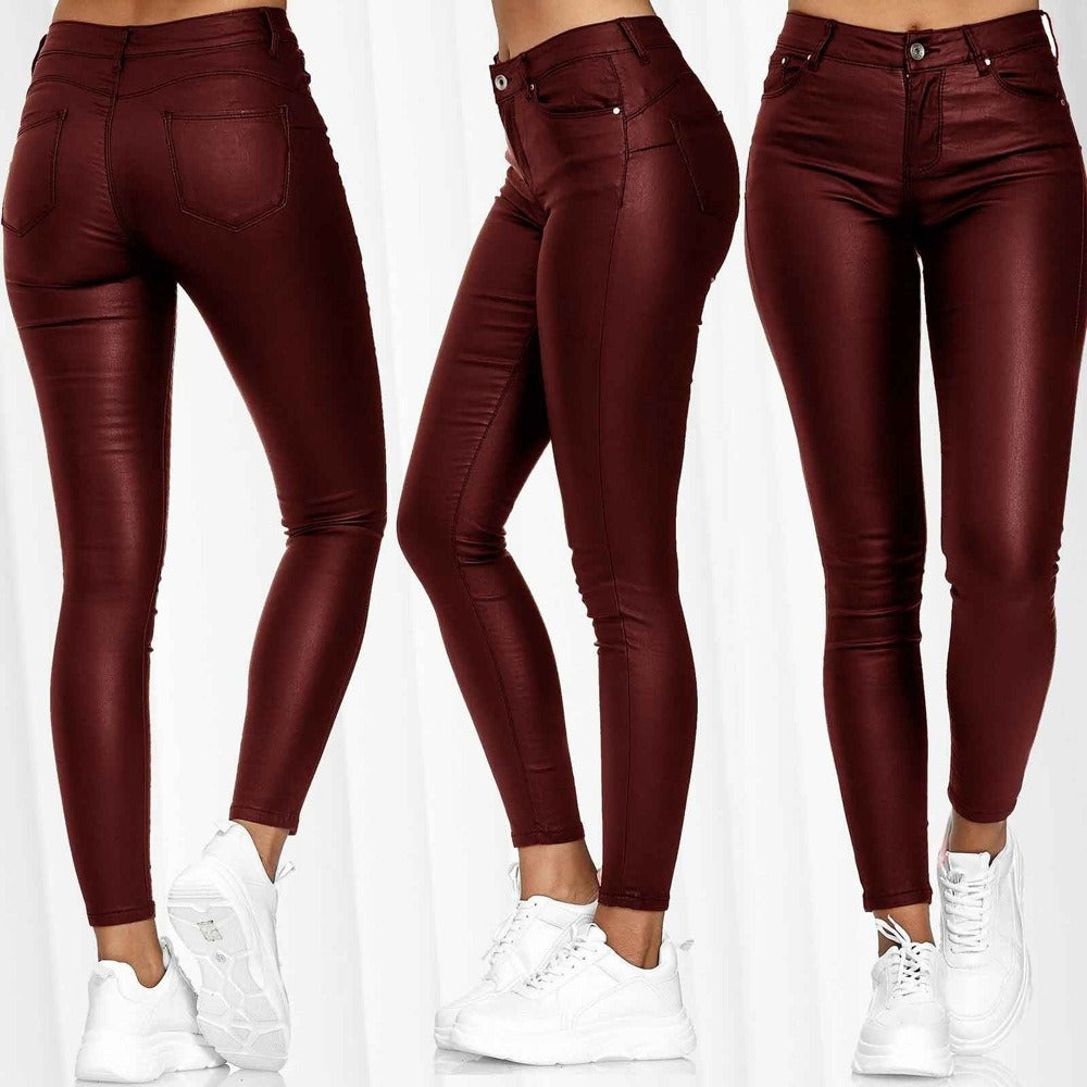 Solid Color Slim Fit Pu Leather Casual Pants, Skinny Ankle-length Trousers