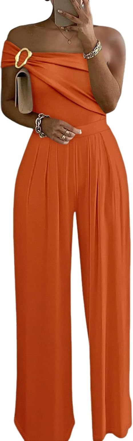 Metallic One-Shoulder Pleated Wide-Leg Jumpsuit