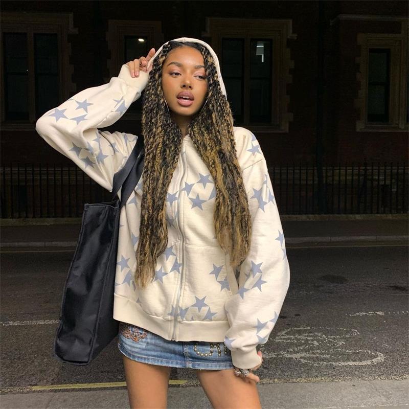 Stars Print Zipper Hooded Cardigan Couple Streetwear Coat
