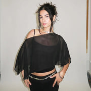 Sleek Black Mesh Off‑Shoulder Top – Midriff‑Baring Street Style