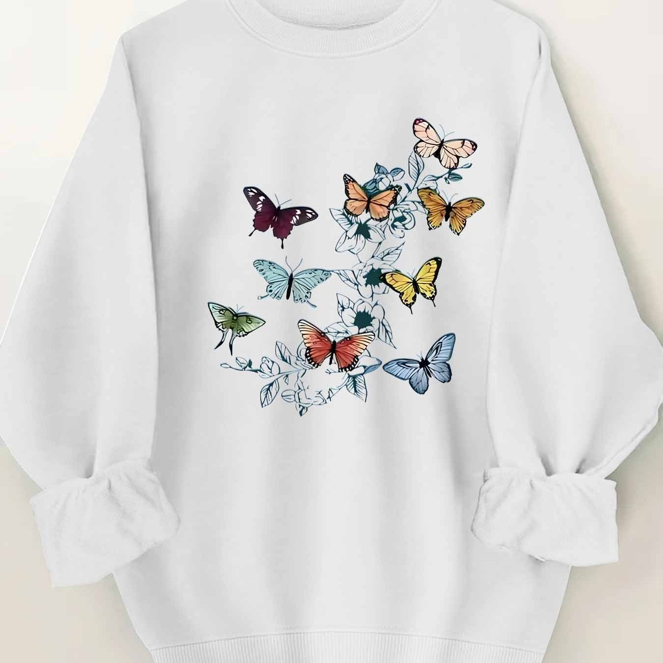 Women's Plus Size Butterfly Print Round Neck Sweatshirt – Size S