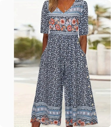 Women's Floral Print Long Sleeve Pocket Jumpsuit