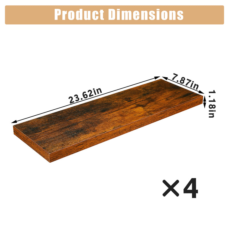 Set of 4 rustic brown floating wall shelves with metal brackets