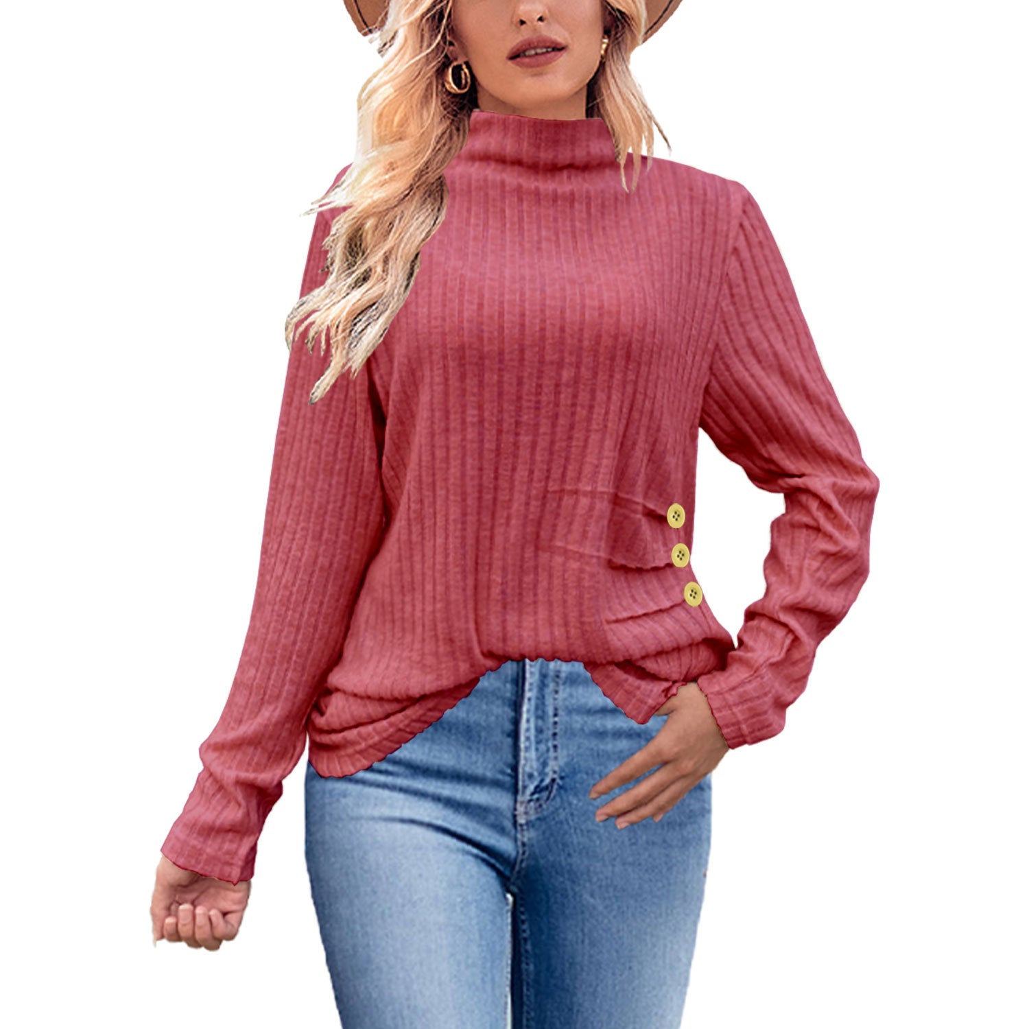 Chic Ribbed Turtleneck Sweater with Side Buttons