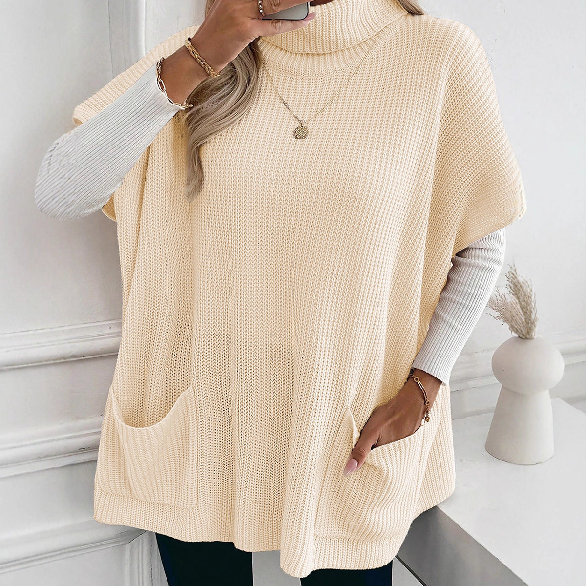 Solid Color Women's Long Sleeveless High-neck Sweater