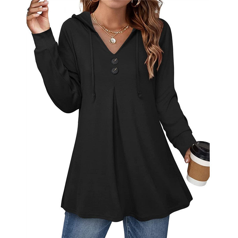 Women's V-Neck Long Sleeve Casual Hooded Pullover Sweater