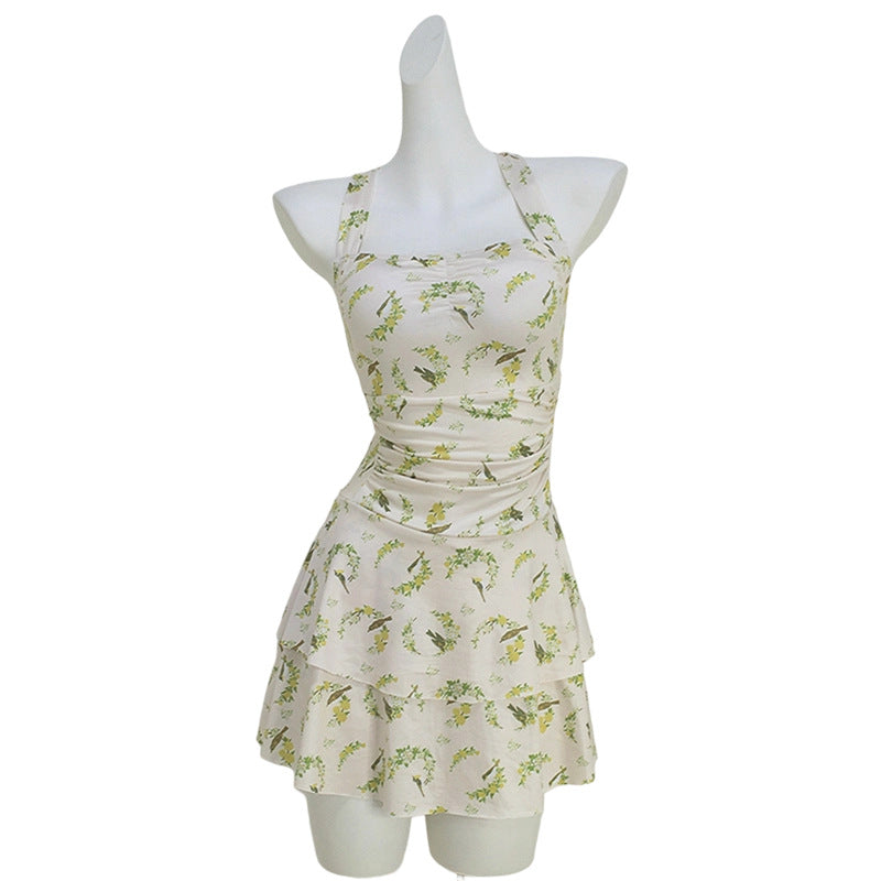 Womens Printed Halterneck Backless Bandage One-Piece Swimsuit