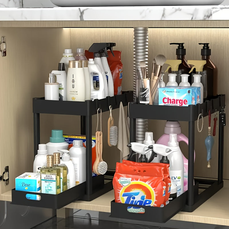 2 Pack Heavy-Duty Under Sink Organizer with Sliding Shelves & 8 Hooks - 2-Tier White-Labeled Black Plastic Cabinet Storage System, Adjustable Drawers/Baskets for Bathroom & Kitchen Countertop Organ...