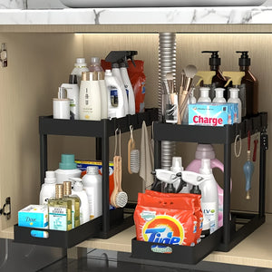 2 Pack Heavy-Duty Under Sink Organizer with Sliding Shelves & 8 Hooks - 2-Tier White-Labeled Black Plastic Cabinet Storage System, Adjustable Drawers/Baskets for Bathroom & Kitchen Countertop Organ...