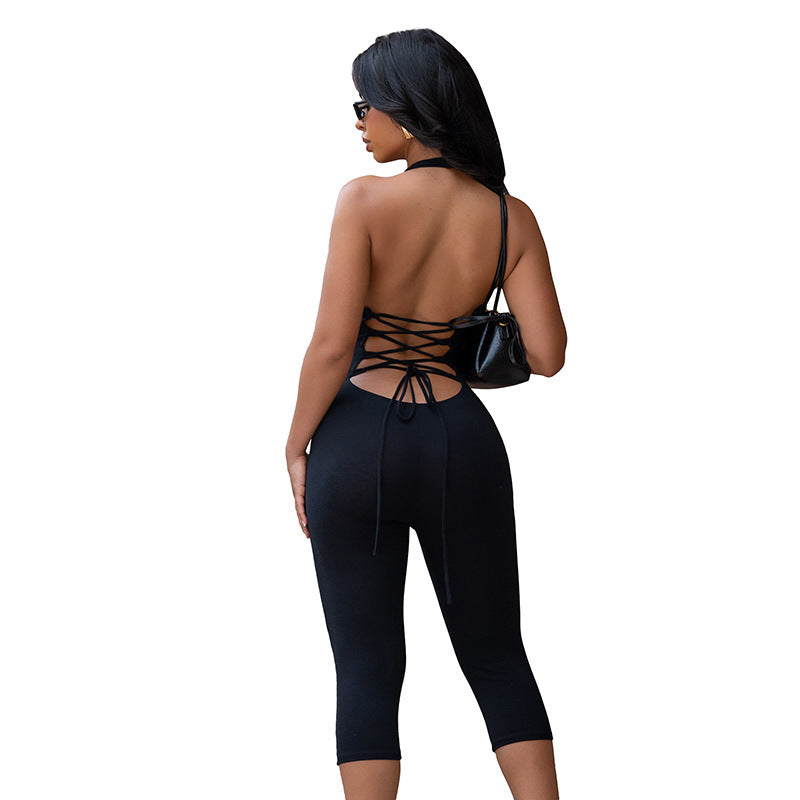 Womens Solid Color Halter Neck Backless Bandage Bodycon Jumpsuit With Cropped Pants