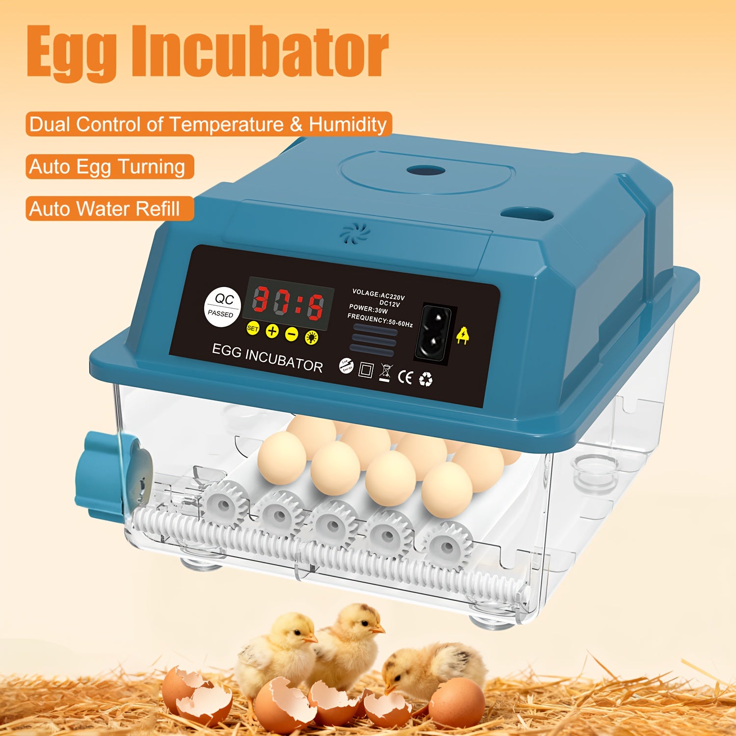 16-Egg Automatic Incubator with LED Display and Humidity Control
