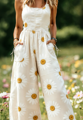 Women's American Retro Print Strappy Wide-Leg Jumpsuit