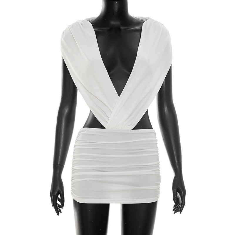 Deep V-neck Sleeveless Backless Halter Pleated Dress
