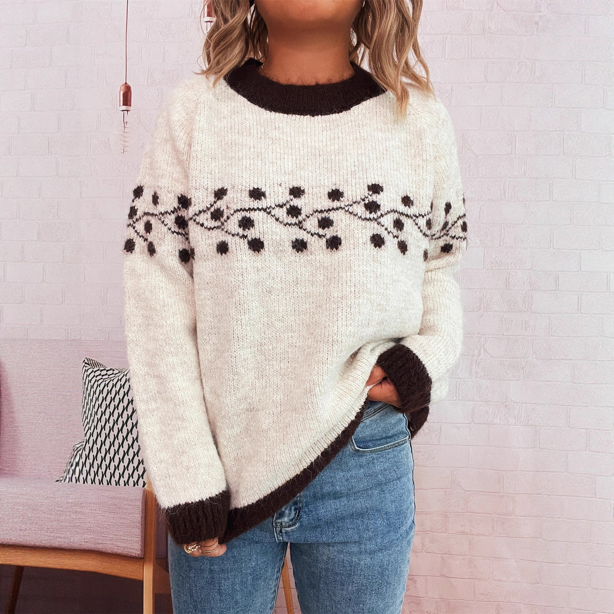 Autumn and Winter New Polka Dot Branch Jacquard Commute Leisure Sweater
