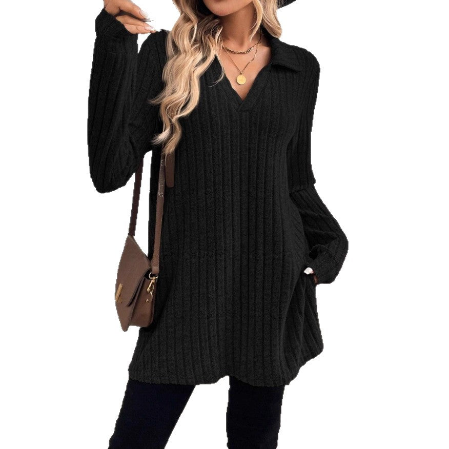 New-style Plus-size Fashion Casual Fallwinter Solid-color Turtleneck V-neck Loose-fitting Top