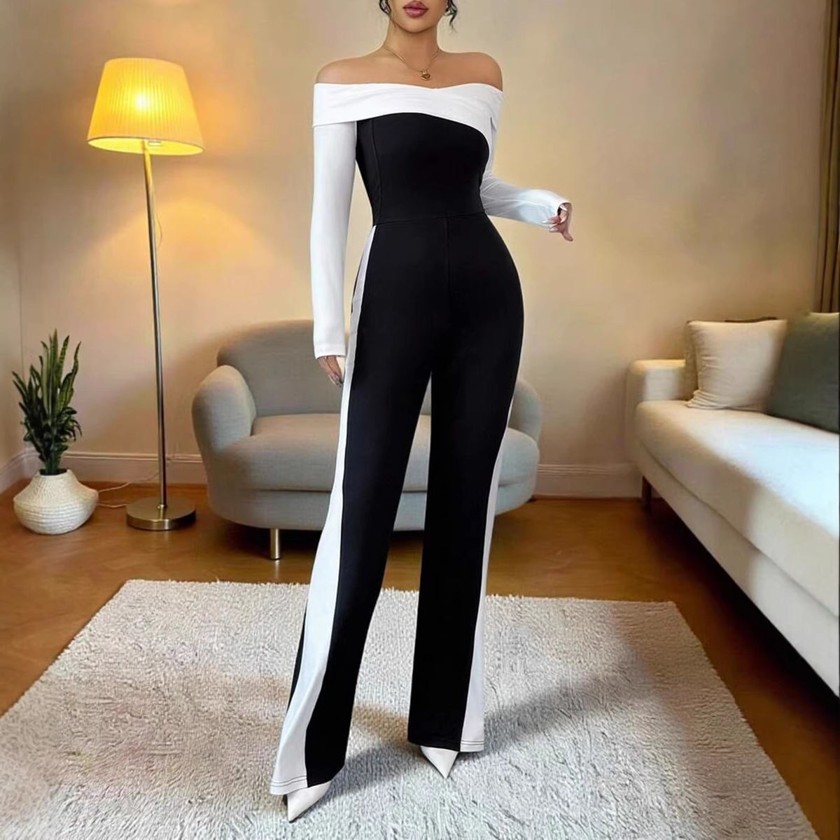 Elegant One-Shoulder Color-Block Slim-Fit Jumpsuit