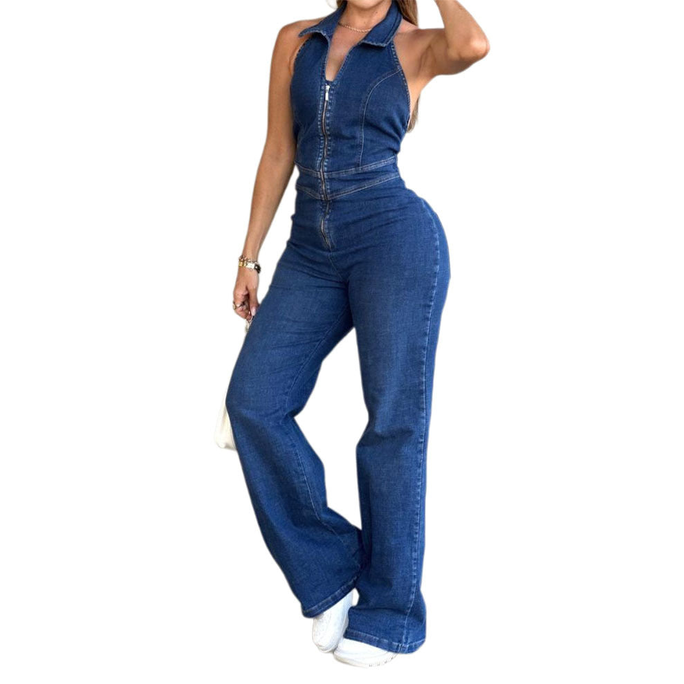 Retro Backless Denim Jumpsuit for Women