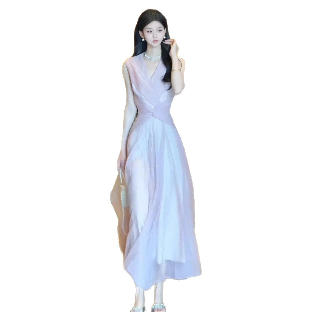 Elegant French Hepburn Sleeveless Knot A-Line Dress