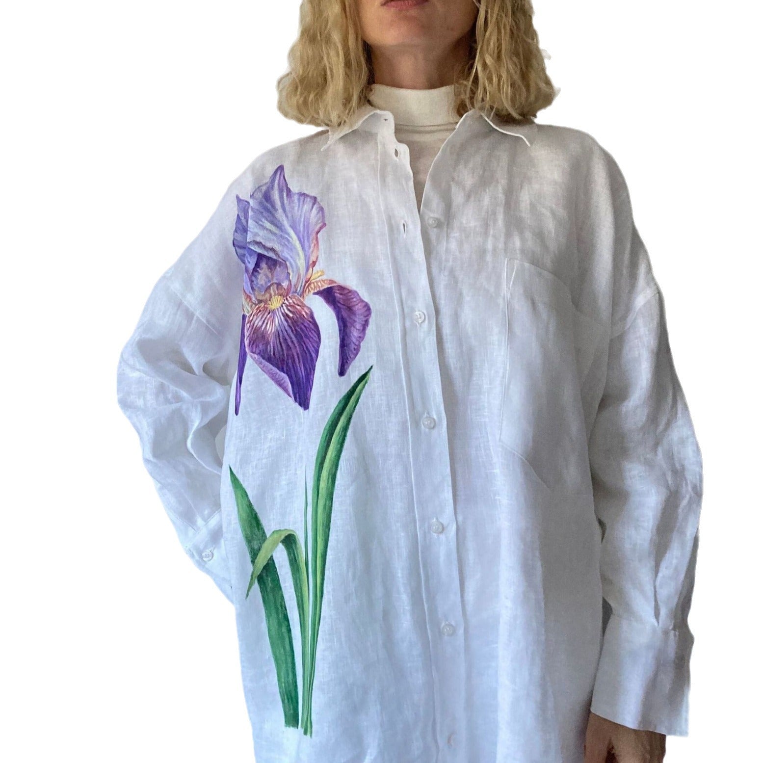 Three-dimensional Hand Crochet Knitted White Flower Printed Cotton And Linen Shirt