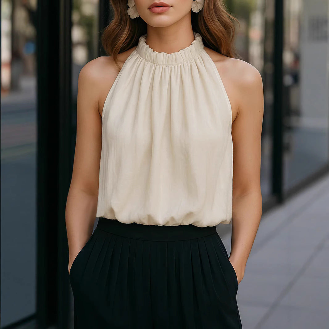 Elegant Apricot Halterneck Off‑Shoulder Sleeveless Tank Top