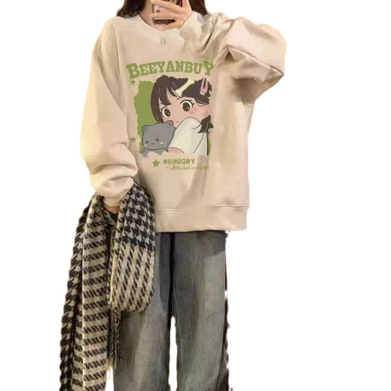 Cozy Fleece-Lined Cartoon Graphic Pullover Sweater