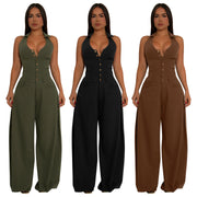 Fashionable Pocketed Sleeveless Backless Casual Jumpsuit
