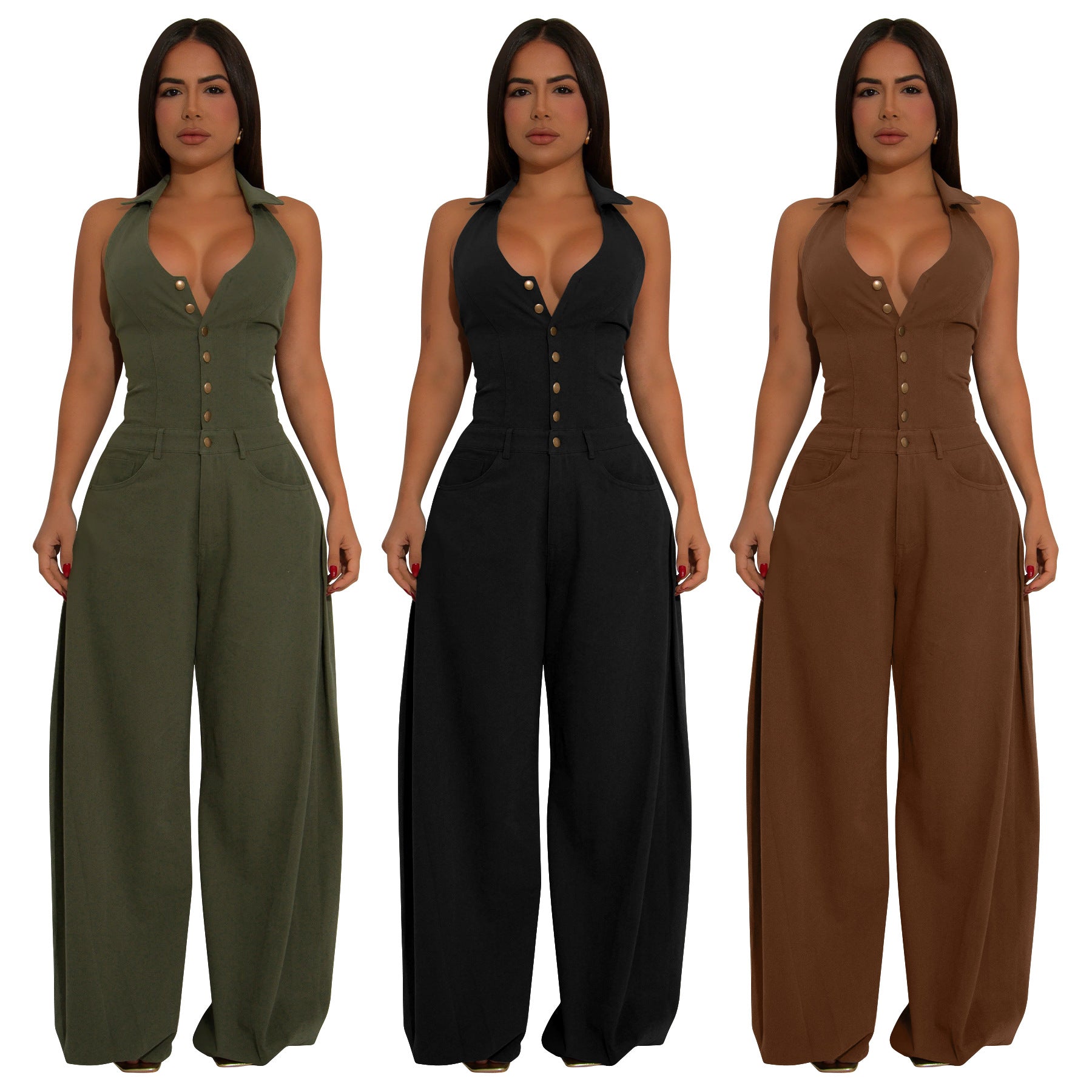 Fashionable Pocketed Sleeveless Backless Casual Jumpsuit
