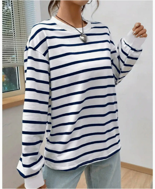 Women's Casual Loose Round Neck Vintage Stripe Long-sleeved T-shirt