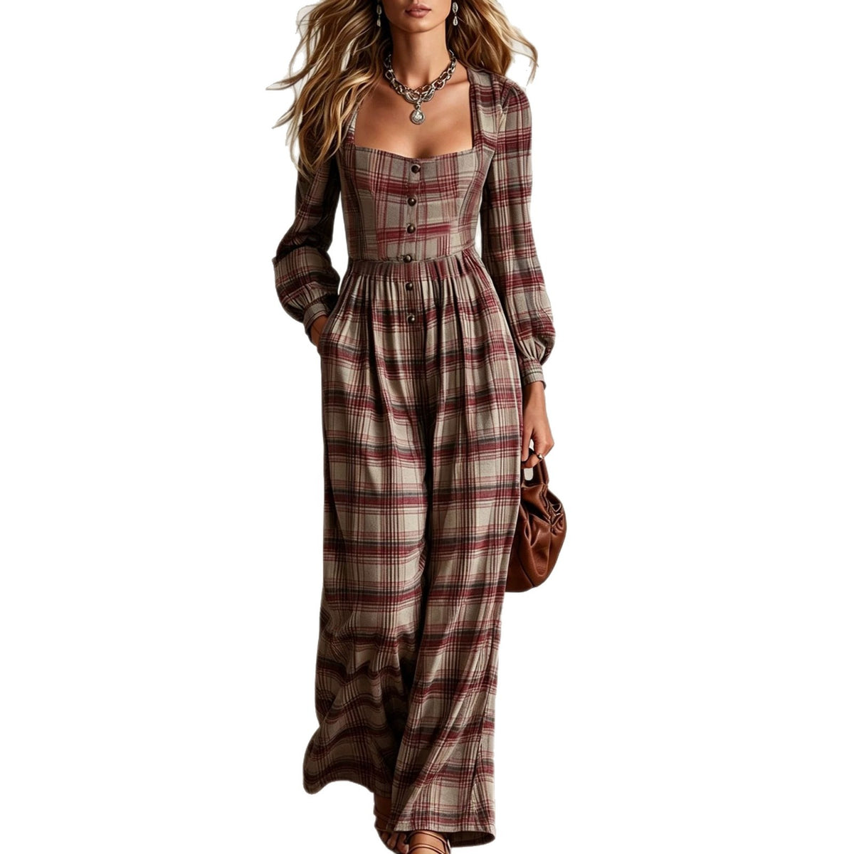 Womens Plaid Waist-Cinching Wide-Leg Jumpsuit