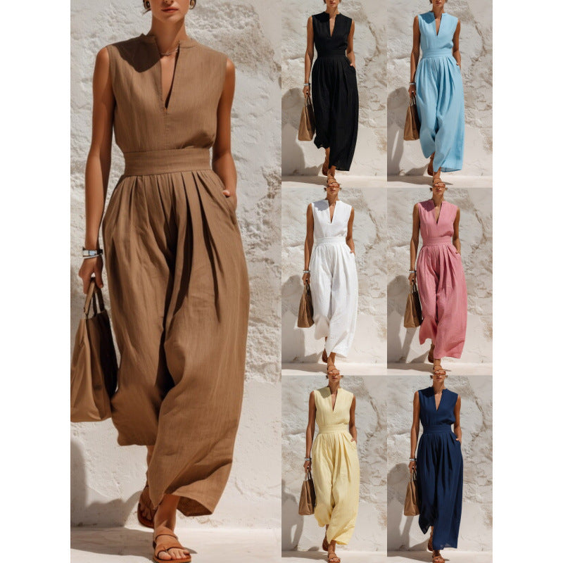 Sleeveless Pullover Solid-color High-waisted Loose-fitting Jumpsuit