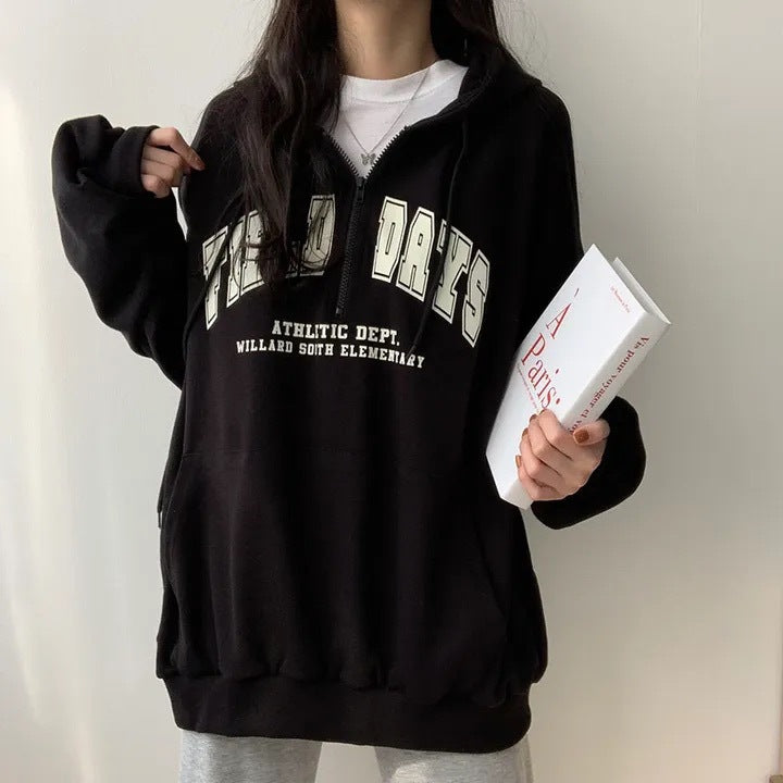 Youth Zipper Letter Sweater Casual Hoodie