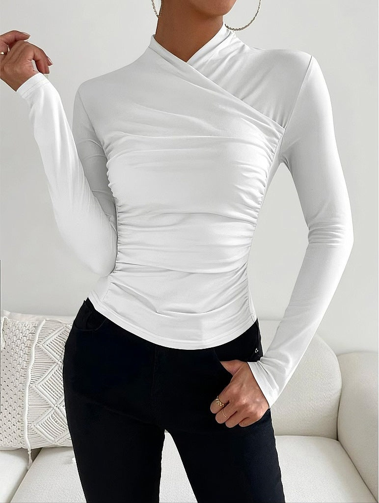 Cross Collar Pleated Slim Long Sleeve Top