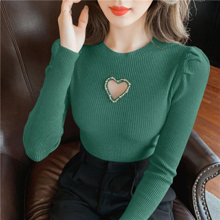 Women's Hollow Heart Beaded Slim-Fit Knit Pullover Sweater