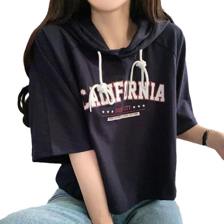 Casual Letter Print Short Sleeve Hooded Tee