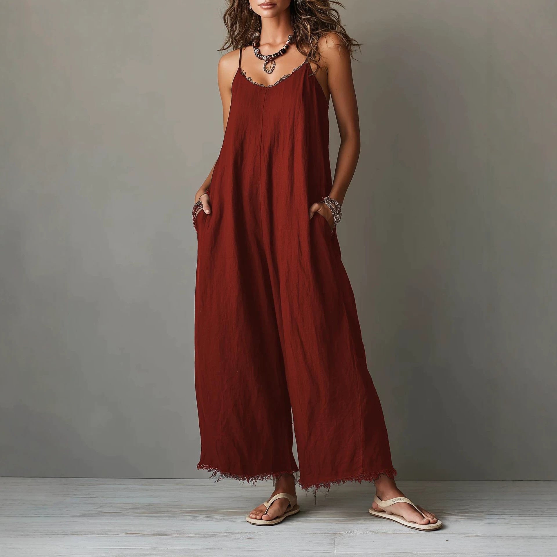 Womens Loose-fitting Solid-color Wide-leg Jumpsuit With Straps